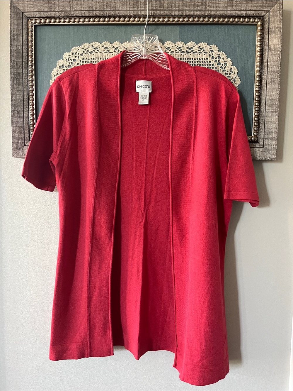 Chico's Short Sleeve Open-Front Cardigan in Orange/Red